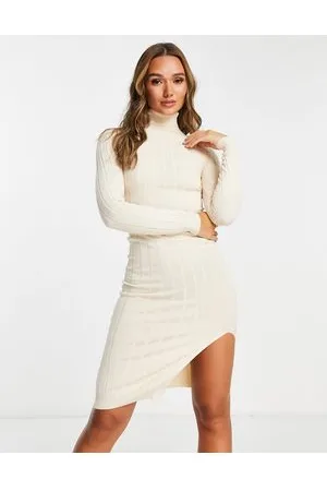 Gianni Feraud Vestito midi con collo alto e spacco laterale in maglia color avena