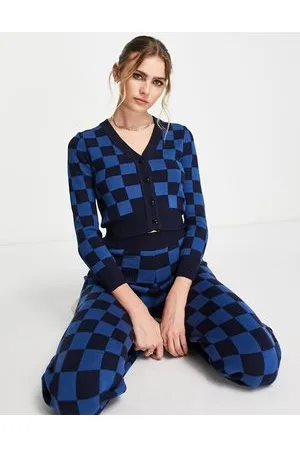 Gianni Feraud Cardigan in maglia blu a scacchi in coordinato