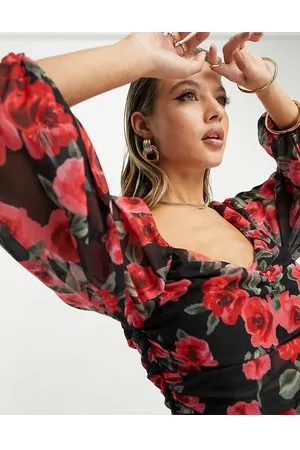 In The Style Body con scollo a cuore e maniche voluminose nero a fiori