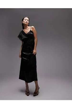 Topshop Vestito midi monospalla in raso e pizzo