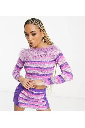 AsYou Top in maglia a righe con scollo Bardot e finiture in pelliccia e cuciture miste