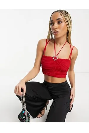 AsYou Canottiera in rete arricciata rossa con finiture di strass a cuore