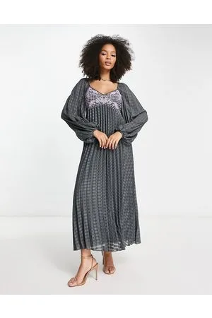 ASOS Vestito midi a pieghe con bustino ricamato a maniche lunghe scuro