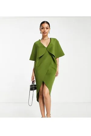 ASOS ASOS DESIGN Petite - Vestito midi a portafoglio e a pieghe con dettaglio a mantella color oliva