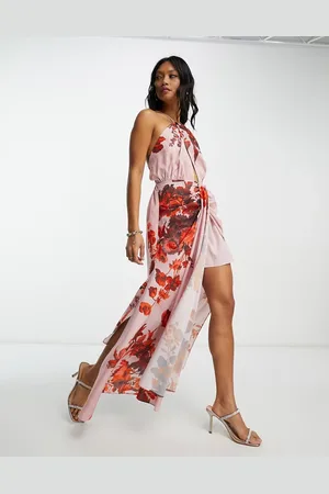 ASOS Vestito midi allacciato al collo drappeggiato con stampa a fiori tono su tono e dettaglio annodato