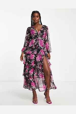 Miss Selfridge Vestito lungo a balze in chiffon con stampa a fiori e animalier rosa