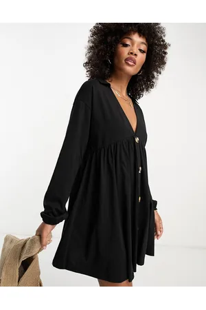 ASOS Vestito grembiule corto a maniche lunghe nero con bottoni