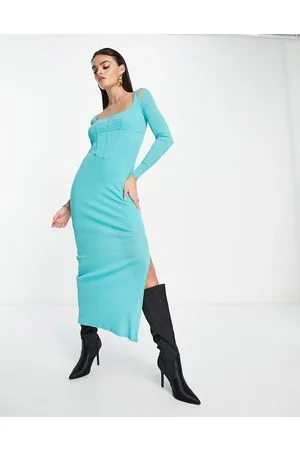 Annorlunda Vestito midi con dettaglio corsetto in rete color acqua marina