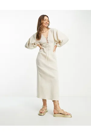 ASOS Vestito lungo color naturale stropicciato con lacci e taglio sbieco