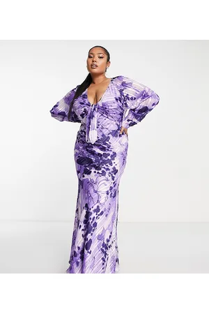 ASOS ASOS DESIGN Curve - Vestito lungo con scollo profondo viola con stampa a fiori e laccio sul davanti