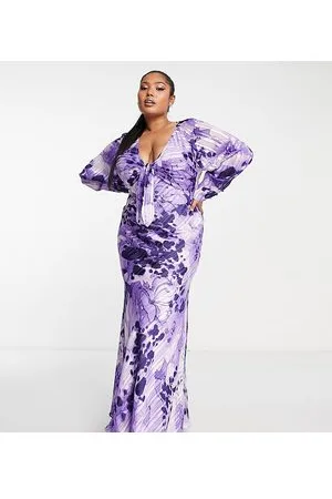 ASOS ASOS DESIGN Curve - Vestito lungo con scollo profondo viola con stampa a fiori e laccio sul davanti