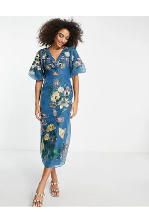 ASOS Vestito midi in organza acciaio con ricamo floreale