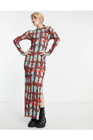 Annorlunda Vestito lungo in rete con stampa quadri tie-dye e cut-out