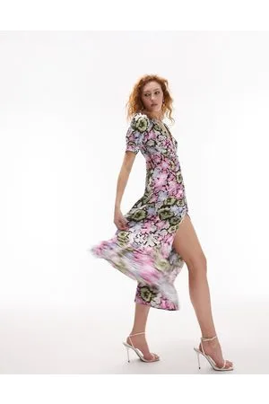 Topshop Vestito midi con stampa fantasia a fiori multi e bottoni