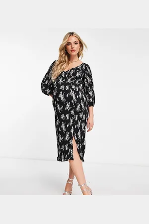 ASOS ASOS DESIGN Maternity - Vestito midi plissé con dettaglio bottoni nero a fiori bianchi