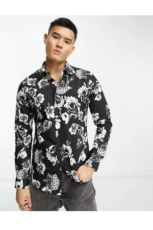 Devils Advocate Camicia slim a maniche lunghe nera a fiori bianchi