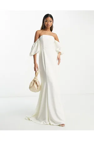 HOPE & IVY Donna Vestiti eleganti - Bridal - Vestito lungo da sposa a coda di rondine color avorio con maniche a sbuffo