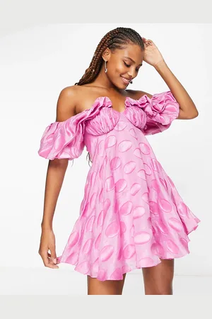ASOS Vestito corto a pois con scollo alla Bardot e maniche a sbuffo