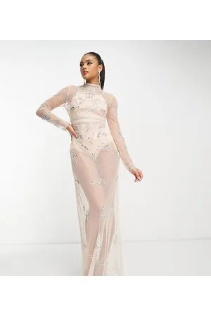 Starlet Esclusiva - Vestito lungo trasparente decorato color champagne