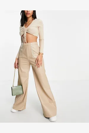 NaaNaa Pantaloni a zampa a vita alta in ecopelle PU color pietra
