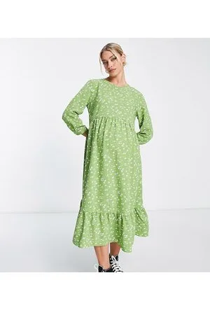 Glamorous Glamorous Maternity - Vestito grembiule lungo a maniche lunghe verde a fiori bianchi