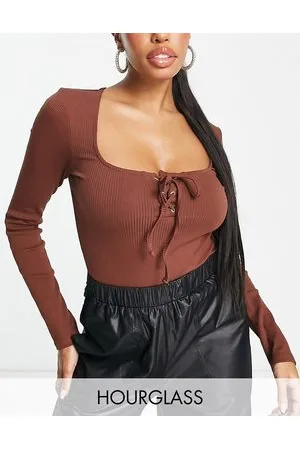 ASOS Coppe Grandi - Body a maniche lunghe con laccetti sul davanti color cioccolato.