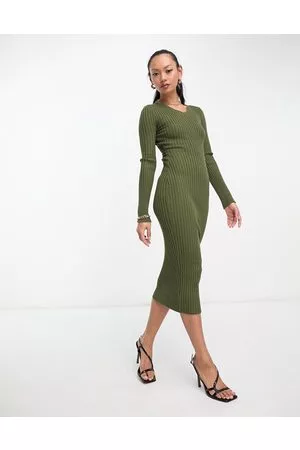 In The Style Vestito midi con scollo a V color kaki a coste