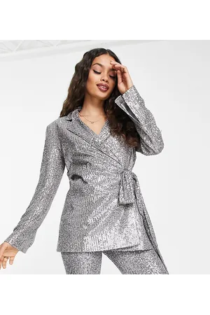 ASOS ASOS DESIGN Petite - Blazer allacciato in vita in jersey canna di fucile con paillettes