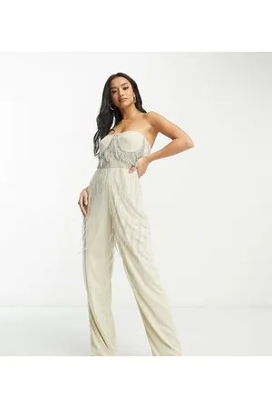 Lace & Beads Esclusiva - Tuta jumpsuit color champagne trasparente decorata con cristalli pendenti