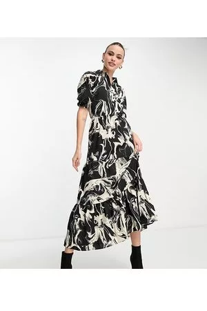 Lola May Vestito camicia a balze con gonna al polpaccio e stampa astratta