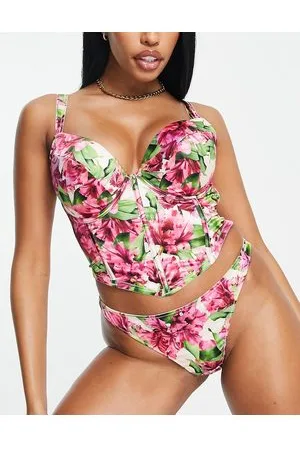 Pour Moi Coppe Grandi - Corsetto in raso a fiori con coppe sagomate imbottite e scollo profondo