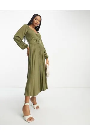 ASOS Vestito midi kaki avvolgente con gonna a pieghe e cintura