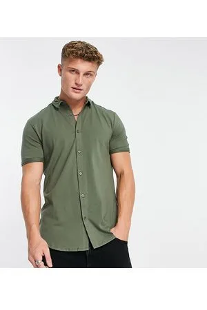 New Look Camicia attillata a maniche corte in jersey kaki scuro