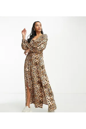 Miss Selfridge Petite - Vestito lungo leopardato a maniche lunghe con bottoni