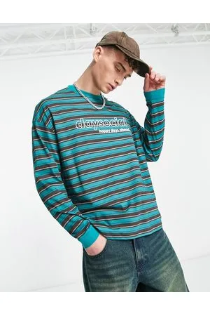 ASOS ASOS - Daysocial - T-shirt oversize a maniche lunghe con stampa a righe color verde-azzurro