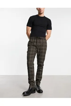 Gianni Feraud Uomo Pantaloni eleganti super skinny - Pantaloni eleganti slim con coulisse in vita marroni a quadri