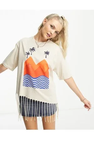 Native Youth T-shirt écru con bordi grezzi e stampa a tema spiaggia