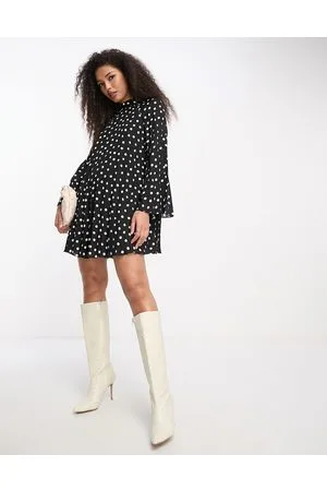 River Island Vestito corto a maniche lunghe nero a pois a pieghe