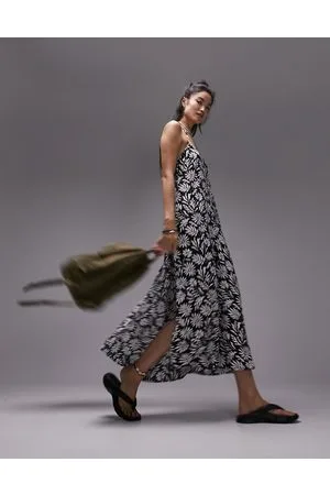 Topshop Vestito midi da mare con stampa floreale astratta monocromatica