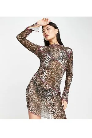 AsYou Vestito corto in rete con stampa leopardata e cuciture asimmetriche a vista