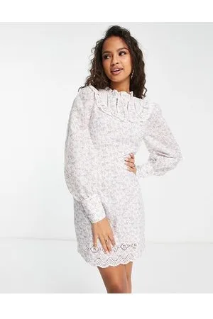 Glamorous Vestito a trapezio accollato bianco a fiorellini in pizzo
