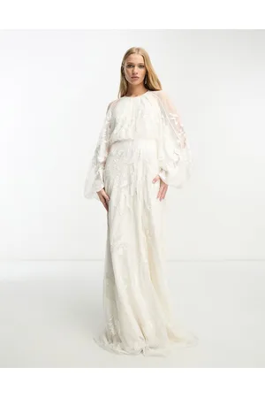 ASOS Elsie - Vestito da sposa lungo color avorio allacciato sul collo con maniche a campana ricamate con perline