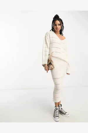ASOS Gonna midi crema con cuciture a righe in coordinato