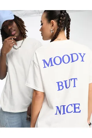 COLLUSION Unisex - T-shirt bianca con scritta "moody but nice"