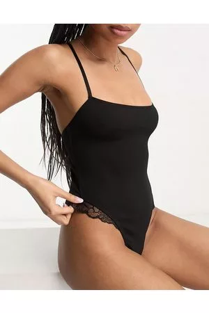 ASOS Lottie - Body morbido nero a coste con retro in pizzo