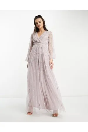 Frock and Frill Vestito da damigella lungo malva polvere con scollo profondo e paillettes