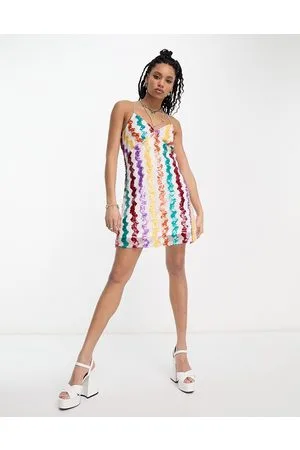Extro & Vert Premium - Vestito corto con spalline sottili con strass e paillettes a onde arcobaleno