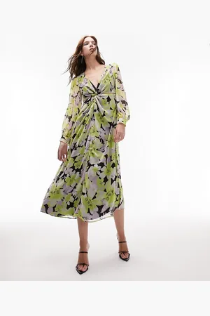 Topshop Vestito midi a maniche lunghe con incrocio sul davanti e cut-out a fiori