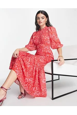 Whistles Vestito grembiule lungo rosso e con stampa di peonie
