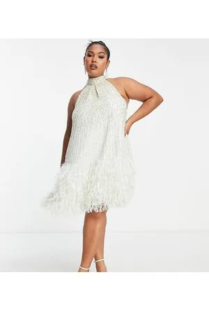 ASOS Curve - Vestito corto allacciato al collo salvia con fondo in piume sintetiche
